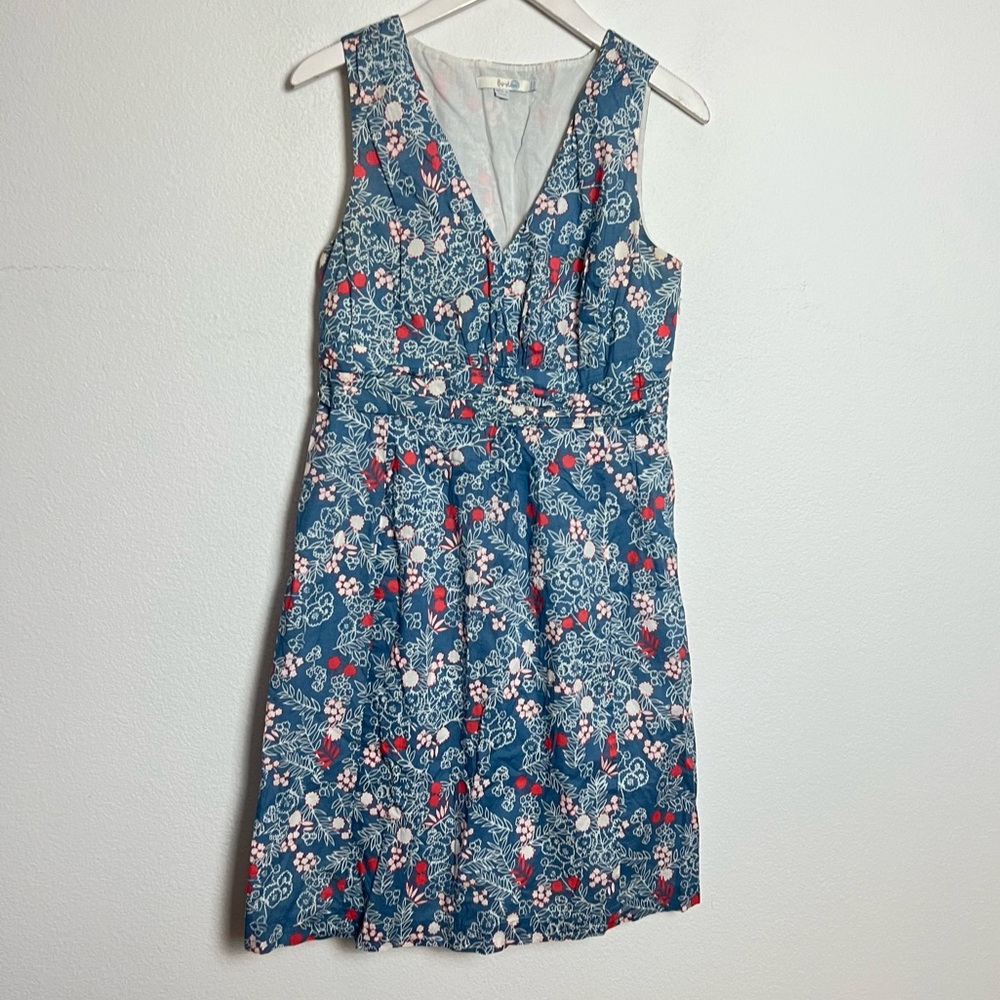 Boden Blue Red Floral Cotton V Neck Midi Dress Size 8 Medium